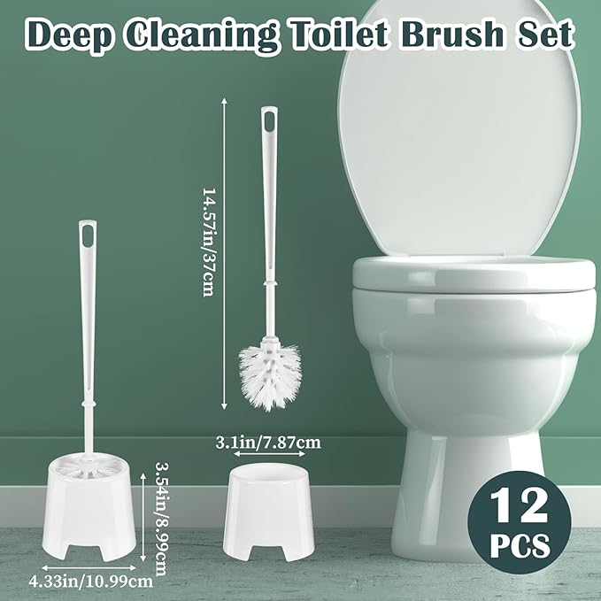 Afcabakila 12sets toilet brush and holder set white disposable Toilet Bowl Brush and Plastic Holder Bathroom Deep Cleaning Combo with Caddy Stand Professional Janitorial Scrub Brushs Cleaning Accessor