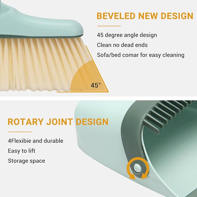 Sayene Broom and Dustpan Set,Long Handle Broom and Dustpan Set,Broom with Stand Up Dustpan Combo Set,for Home, Office, Lobby(Green)