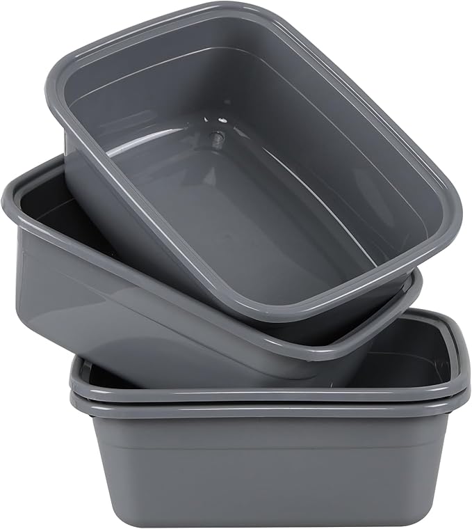 12 Quart Rectangle Plastic Dishpan Basin, 4 Pack Small Dish Tub, Grey
