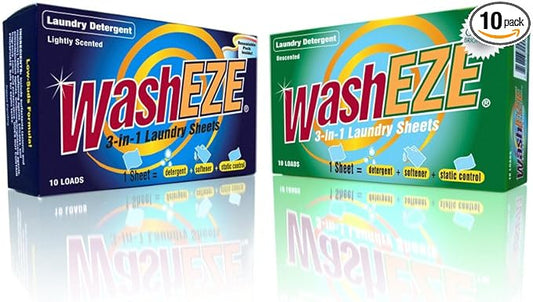 WashEZE 3 in 1 Laundry Detergent Pods, 10 Count, Unscented, Portable, TSA Compliant, Stain Fighter, Fabric Softener, Static Guard