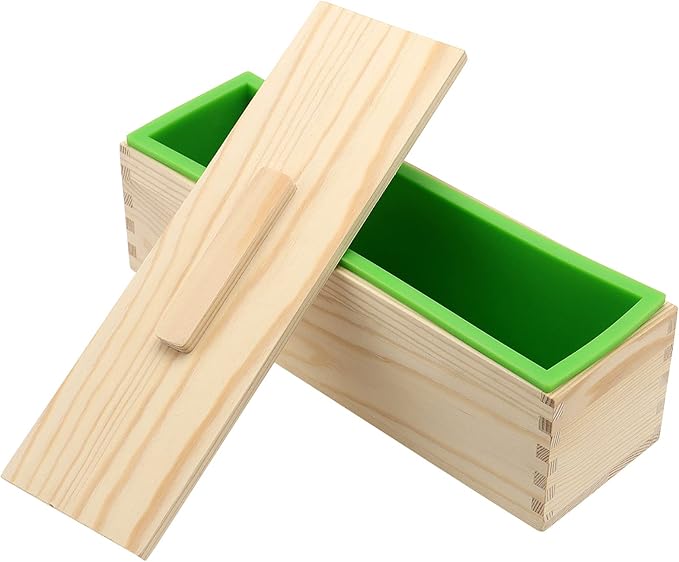 ZOENHOU 4 PCS 42oz Green Soap Molds with 4 Wooden Lids, Flexible Rectangular Silicone Soap Making Molds Kit with Wood Box DIY Tool Set for Soap Making Supplies