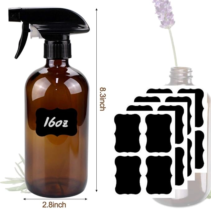 Glass Spray Bottle, Amber Glass Spray Bottle Set & Accessories Refillable for Plants Window Cleaners Aromatherapy Facial Hydration Watering Flowers Hair Care (2 Pack/16 oz) (Amber)