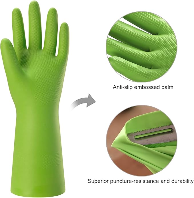 Bamllum 3 Pairs Rubber Cleaning Gloves for Household - Reusable Dishwashing Gloves for Kitchen, Flexible Long-lasting & Waterproof (Small, Green+Red+Orange)