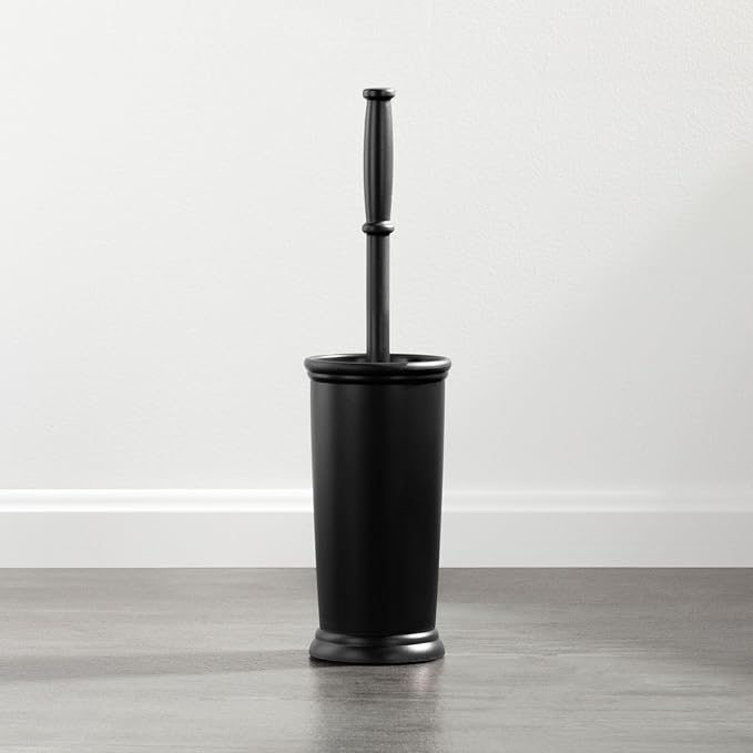 mDesign Toilet Bowl Brush and Holder - Covered Bathroom Toilet Brush - Standing Toilet Bowl Scrubber in Modern Holder - Compact, Space Saving, Deep Cleaning Brush for Toilet - Hyde Collection - Black