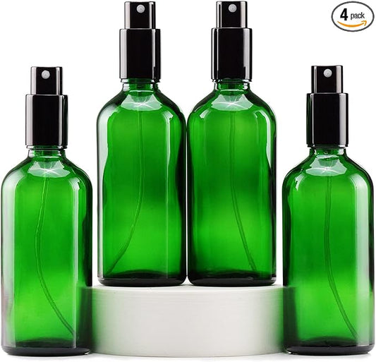 YIZHAO Green Glass Spray Bottles 4oz, with Small Fine Mist Spray, Metal Cap, Refillable for Essential Oil,Travel,Cleaning,Perfume,Aromatherapy,Makeup – 4 Pcs