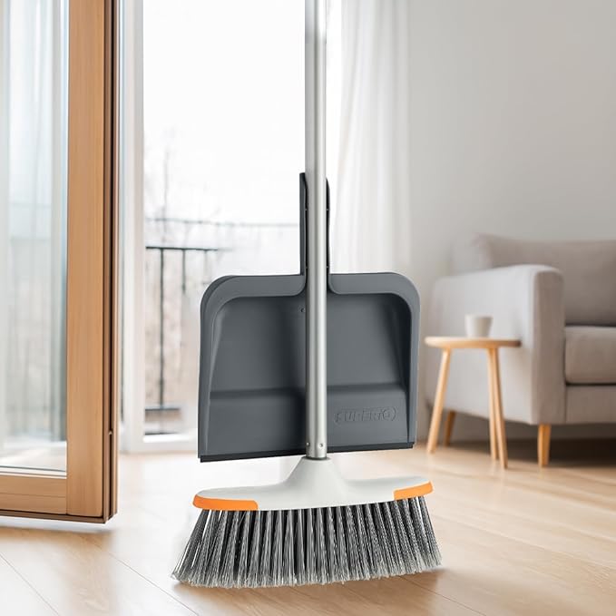 Superio Clip-On Dustpan with Rubber Lip - 10-inch Wide Durable Plastic Dust Pan with Comfort Grip Handle, Lightweight Multi Surface, Heavy Duty, Easy Sweep Broom Gray