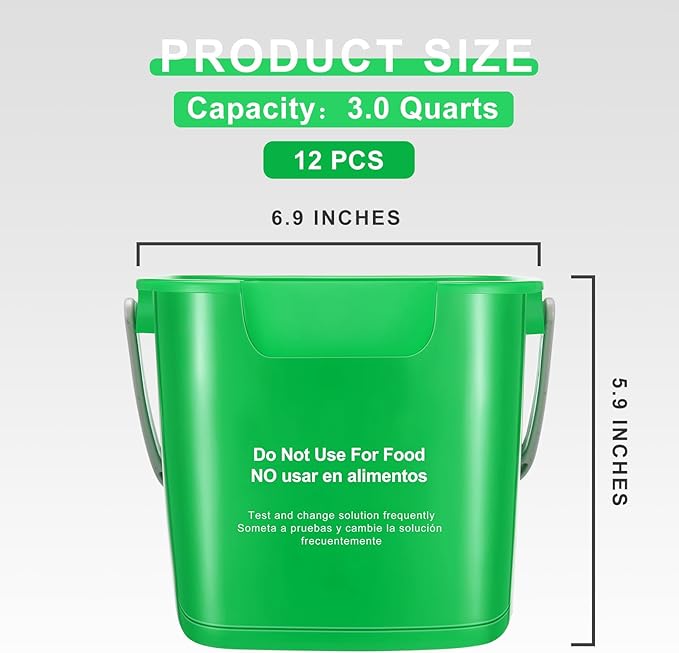 Lallisa 12 Pcs 3 Quart Cleaning Bucket Small Sanitizing Square Bucket Detergent Pail for Home Office Commercial Restaurant Kitchen Bathroom School (Green)