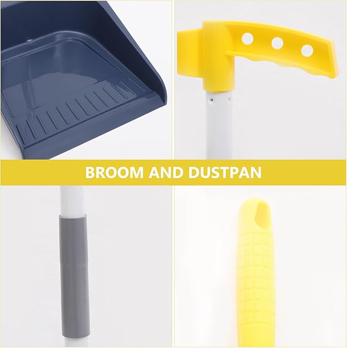 ULTECHNOVO Stand Up Dustpan and Broom Set - Long Handle Broom with Upright Standing Dust Pan - Angled for Indoor Outdoor Home Kitchen Office Floor Cleaning (Blue)