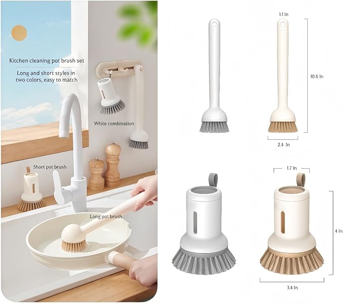 Adjustable Dish Brush with Soap Dispenser, Non-Scratch PET Bristles, Ergonomic Handle, Kitchen Cleaning Tool for Pots, Pans & Sink (Grey, Combination Style (1 Long + 1 Short))