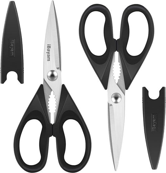 Black Kitchen Scissors - Heavy Duty Meat & Poultry Shears, Dishwasher Safe Stainless Steel Utility Scissors, 2-Pack Black Kitchen Utensils Set for New Home Essentials