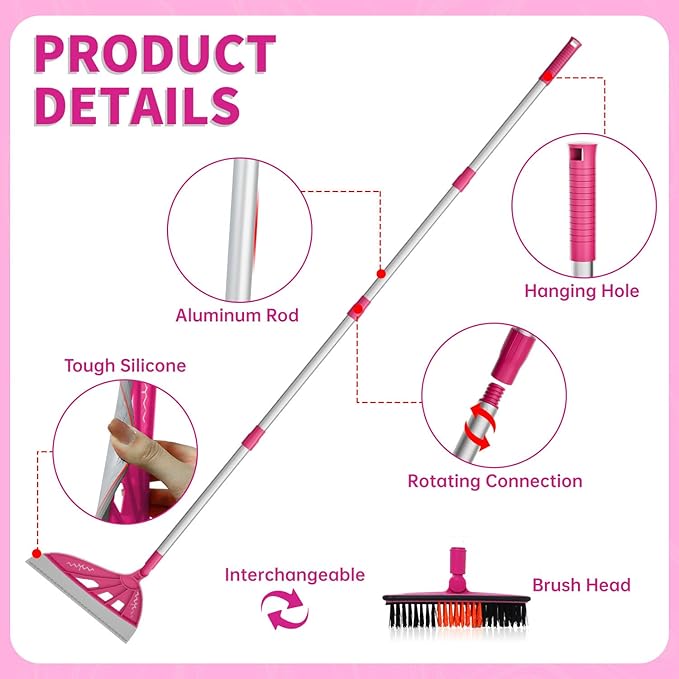 Magic Broom, Squeegee Broom for Floor Cleaning, Multifunctional Floor Squeegee with Aluminum Adjustable Handle, 60’’ Magic Silicone Broom for Glass, Fine Dust, Pet Hair, Liquids(Hot Pink)