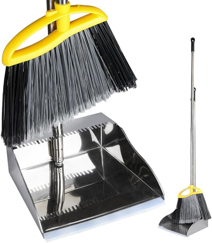 GLOHOO Broom and Dustpan Set, Outdoor Heavy Duty Broom with Stainless Steel Dustpan,Stiff Bristles Broom and Metal Dust Pan for Home