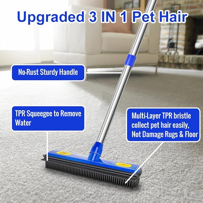 AODOZO Pet Hair Removal Broom - with 58" Telescopic Handle Broom with Squeegee - Fur Hair Remover Tool for Carpet Rugs, Mats. Hardwood, Tile, Window