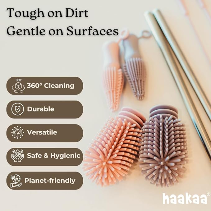 Haakaa Silicone Cleaning Brush Kit – Household Cleaning Brushes for Bottles and Crevices – Food-Grade Silicone: Dishwasher Safe (Kit-Mist Blue)