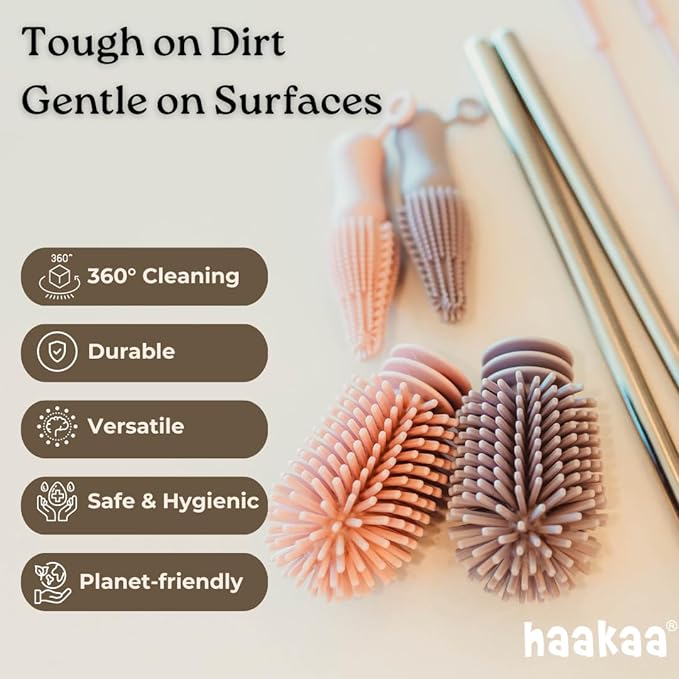 Haakaa Silicone Cleaning Brush Kit – Household Cleaning Brushes for Bottles and Crevices – Food-Grade Silicone: Dishwasher Safe (Brush-Mist Blue)