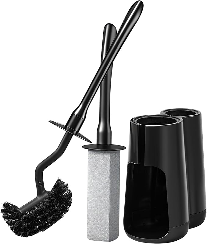 LZLOOK Toilet Brush and Holder Set with Pumice Stone – Long Handle Toilet Bowl Brush, Anti-Splash Scrubber, Ventilated Drip-Free Base, Deep Cleaner for Hard Water Stains, Limescale, Toilet Rings