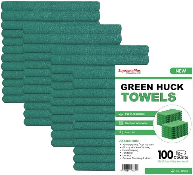 Premium Green Huck Towels – (100 Pack) 15 x 27 inches 100% Cotton Bulk Towel for General Cleaning, Auto Shop, and Hospital Use, Super Absorbent, Machine Washable Cloth