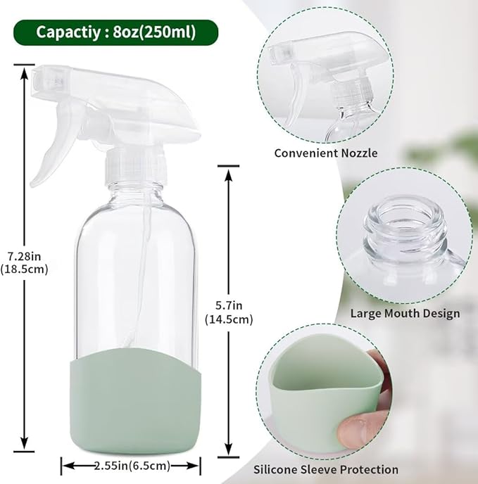 HOMBYS 8 Oz Empty Clear Glass Spray Bottles with Silicone Sleeve Protection Refillable Containers for Cleaning Solutions, Essential Oils, Misting Plants - Quality Sprayer - 1 Pack Boston Bottles