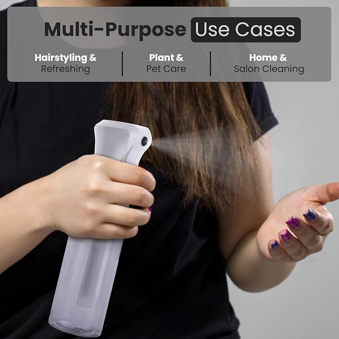 VIGOR PATH Continuous Spray Bottle - Ultra Fine Mist Water Sprayer for Hair, Home Cleaning, Plants, Salons - 200ml / 6.7oz Empty Spray Bottle (Clear)