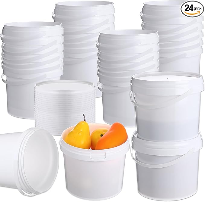 24 Pcs 101 Oz/ 3L Plastic Food Buckets with Lids and Handle 0.8 Gallon Ice Cream Buckets Round Deli Pail Container Safe Ice Cream Tubs Pack Reusable Freezer and Microwave for Juice Drinks Soup Storage