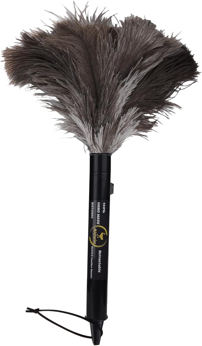 Aldwin Ostrich Feather Duster Retractable 1 Pack,16 inch Genuine Fluffy Natural Handheld Feather Dusters for Cleaning Supplies, Washable,Car, Office, Desk