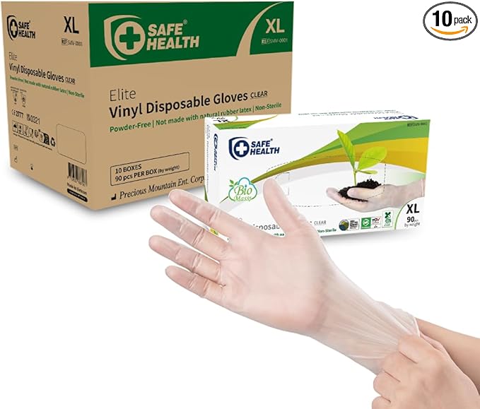 Safe Health Biomass Eco-Friendly Vinyl Disposable Gloves, USDA Certified Biobased Product, Latex Free, Powder Free, Clear, Case of 900, Xlarge, 3 mil