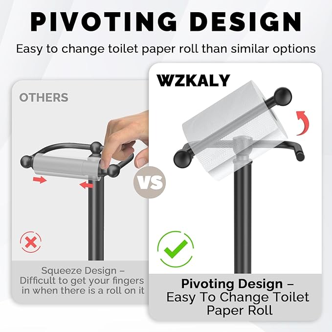 WZKALY Black Toilet Paper Holder Stand, Matte Black Toilet Paper Holder Free Standing, Post Pivoting Design & Stable Weighted Base SUS304 Stainless Steel for Bathroom(Mega Roll)