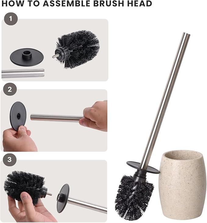 Toilet Bowl Brush and Holder with Stainless Steel Long Handle, Toilet Scrubber Brush with Durable Base, 360° Deep Cleaning Bristles for Bathroom, Compact Set for Small Space (Beige)