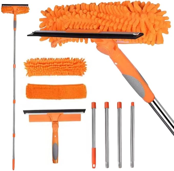 Window Squeegee Cleaner Kit - 2-in-1 Rotatable Window Cleaning Tool with Extension Pole, Professional Streak-Free Squeegee with Bendable Head for Indoor/Outdoor Windows & Car Glass