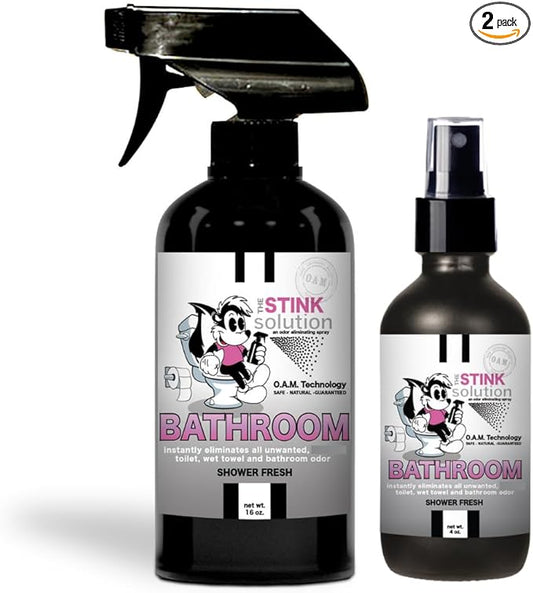 The Stink Solution Bathroom Odor Eliminator Spray Completely & Safely Removes Human Waste, Vomit, & Other Odor Fast | Urine Remover, Toilet Spray, Bathroom Deodorizer - 1 16 oz, 1 4 oz (Shower Fresh)