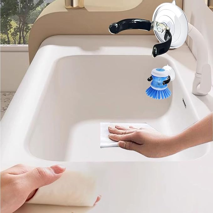 XNDGURE Soap Dispensing Palm Brush Holder Dish Brush Holder for Kitchen Brush Dish Brush With Soap Dispenser Pot Black Sink Stand Organizer (Open)