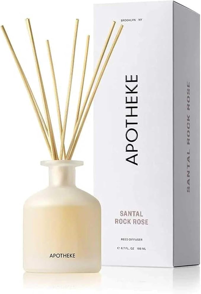 Apotheke Luxury Scented Reed Diffuser for Home, Santal Rock Rose - 6.7 Fl Oz Essential Oil Aromatherapy - 10 Rattan Scent Sticks Room Diffuser - Long-Lasting Fragrance for Bedroom, Home, Bathroom
