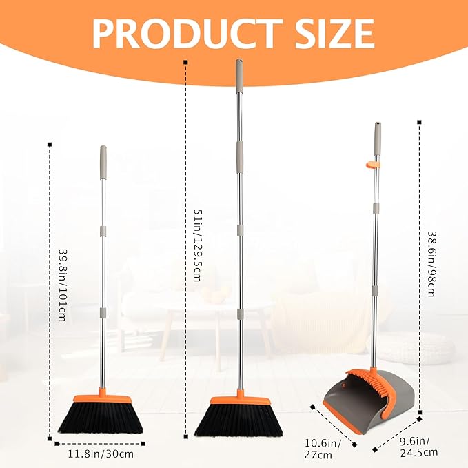 XXFLOWER 2-Pack Broom and Dustpan Set with Long Handle, Heavy Dust Broom and Dustpan Combo for Home，Kitchen, Office, Pet Hair(Gray Orange)