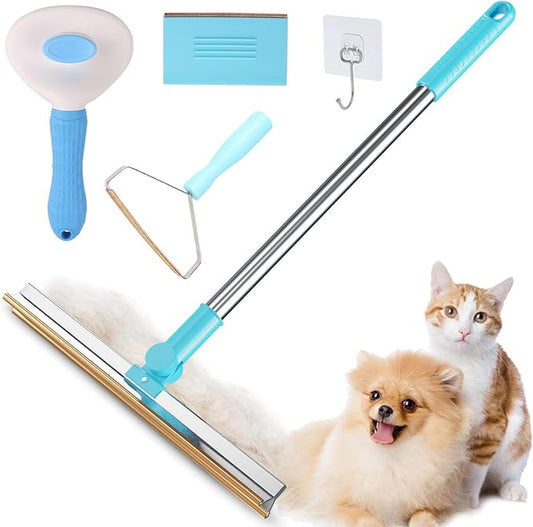 DOMULUX Pet Hair Remover 5-in-1 Set Includes Retractable Carpet Rake, Grooming Brush, Hair Scraper, Hooks & Lint Removers for Carpets, Rugs, Furniture & Car Interiors