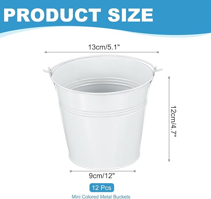 PATIKIL 5.1"x4.7" Small Metal Buckets with Handle, 12 Pcs Mini Galvanized Bucket Colorful Easter Buckets for Crafts Party Favors Decoration, White