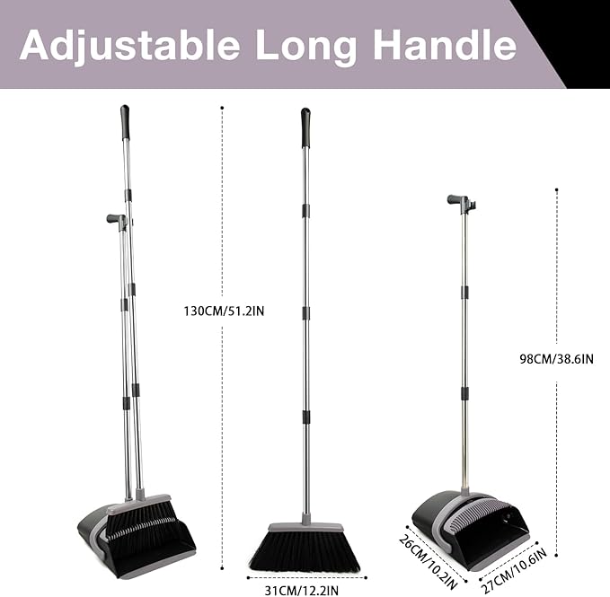 XXFLOWER Broom and Dustpan Set, Long Handle Lightweight Dustpans with Broom Combo for Home, Indoor&Outdoor Sweeping for Home Room Kitchen Office Lobby (Charcoal)