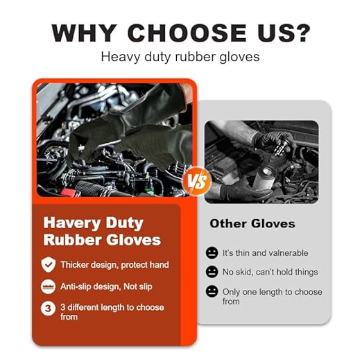 North Tower Heavy Duty Rubber Gloves, Industrial Gloves Waterproof Reusable Protective Work for Cleaning, Dishwashing,Upgraded with Non-Slip Design, Black (22in,2pair)
