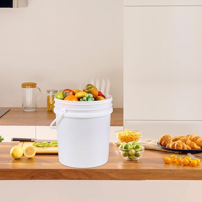 Hespama 4 Pack 6.5 Gallon Airtight Storage Bucket with Handle, Food Grade Sealable Lid Bucket, White