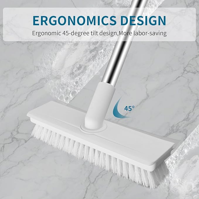 ZHAYAO Floor Scrub Brush with Long Handle, 2 in 1 Scrape Brush Stiff Bristle Floor Scrubber for Cleaning Shower Bathroom Garage Kitchen Wall Deck Tub Tile (White, 1 Pack)
