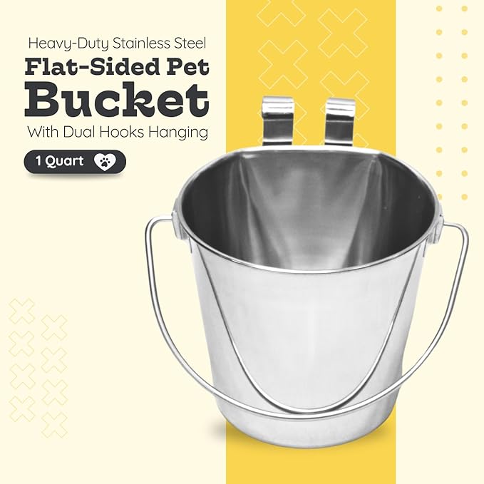 1 Quart Stainless Steel Flat Sided Bucket with Dual Hooks | Durable Food & Water Bowl for Dog Cat Bird & Small Animals | Fits kennel Cage Critter Crate Hanging Pet Pail | Multipurpose use
