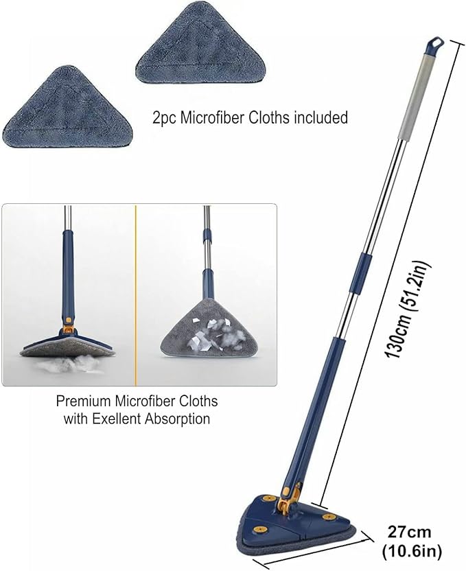 360° Rotatable Adjustable Cleaning Mop Extendable Triangle Mop with Long Handle Hand Twist Quick Dry Multifunctional Microfiber Wet and Dry Clean Floor Wall with 3 Replacement Pads