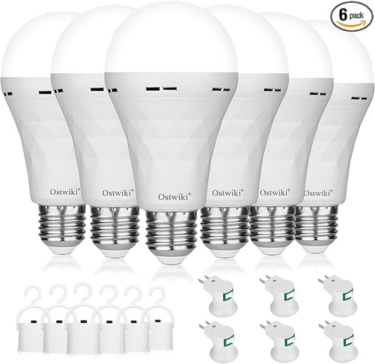Emergency Rechargeable Light Bulbs,6 Pack Battery Operated Backup Light Bulb for Power Outage Camping Outdoor Hurricane 9W E27 8500K 1200mAh White Equivalent Self-Charging LED Light Bulbs