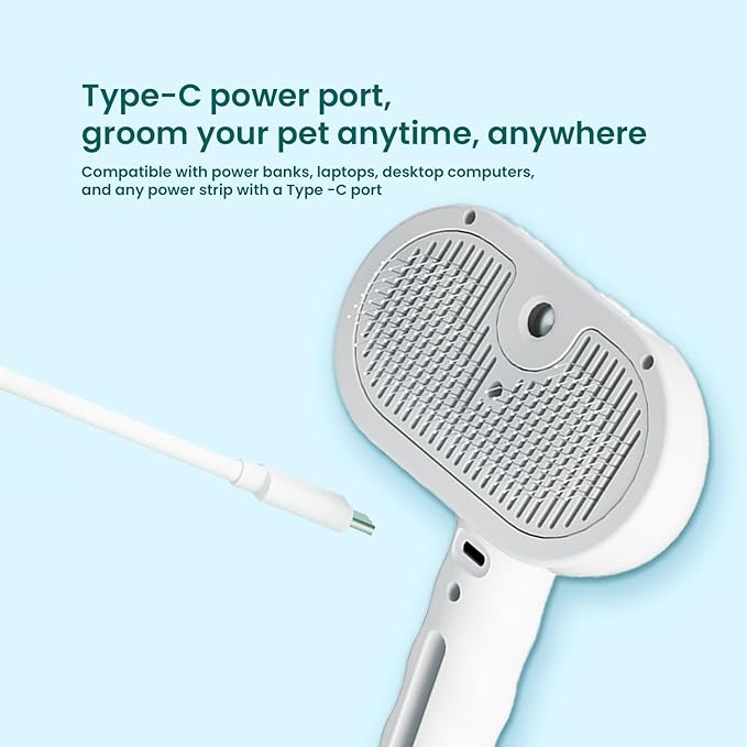 3 In 1 Steam Grooming Brush for Cats & Dogs, USB Rechargeable Hair Removal Comb with Spray Mist, Includes 200 ml Shampoo for Indoor Pet Shedding & Detangling (White)