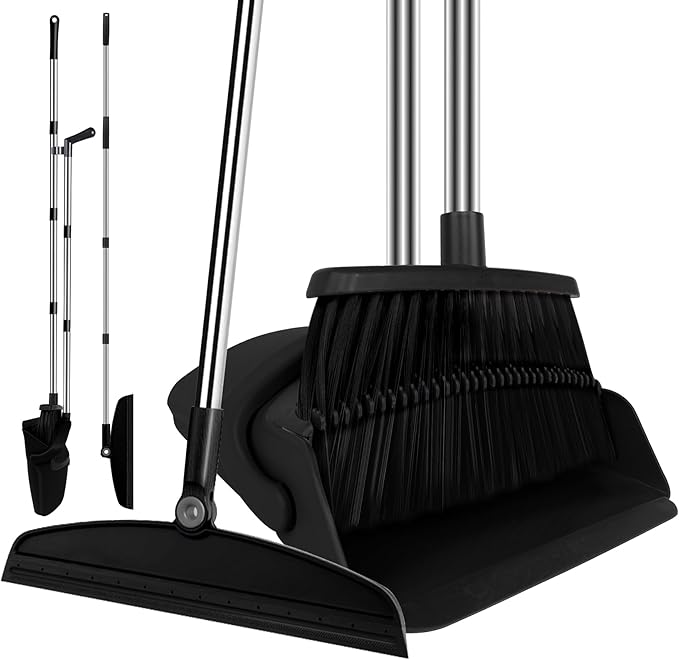 UDUK Broom with Dustpan Combo Set and Silicone Air Broom Kit, 51" Long Handle Floor Squeegee, Black Household Kit for Glass Window Rugs Pet Hair Home