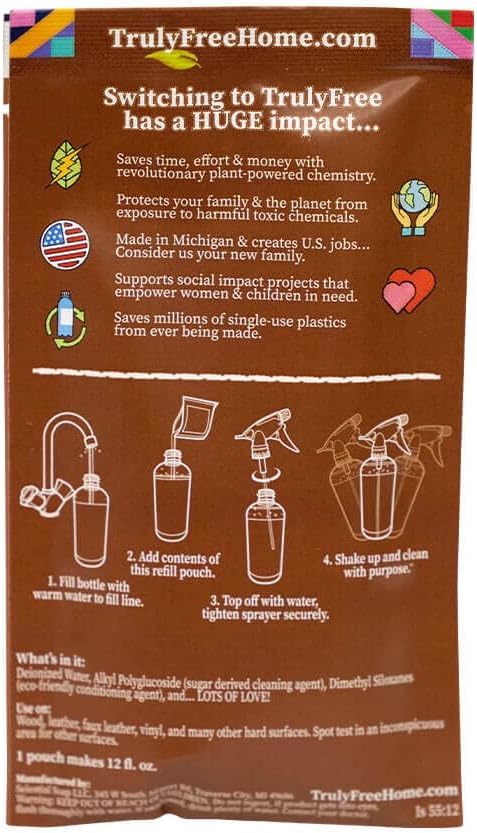 Truly Free Natural Wood Cleaner & Furniture Polish - Leather Cleaner, Vinyl, Furniture & Wood Polish, Helps Remove Water Stain, Unscented - Includes: 1 Refillable Empty 12oz Bottle & 1 Refill(3 fl oz)