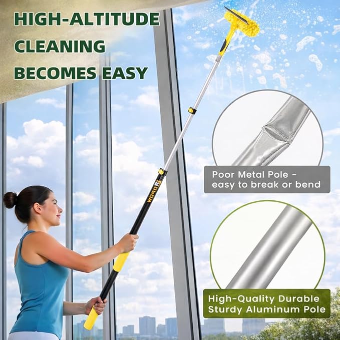 150'' Long Reach Window Squeegee with Telescoping Extension Pole, 2-in-1 Indoor/Outdoor Cleaning Tool with 270° Rotatable Head, Lightweight Alloy Aluminum Pole for Shower Door, Mirror, Car Windshield
