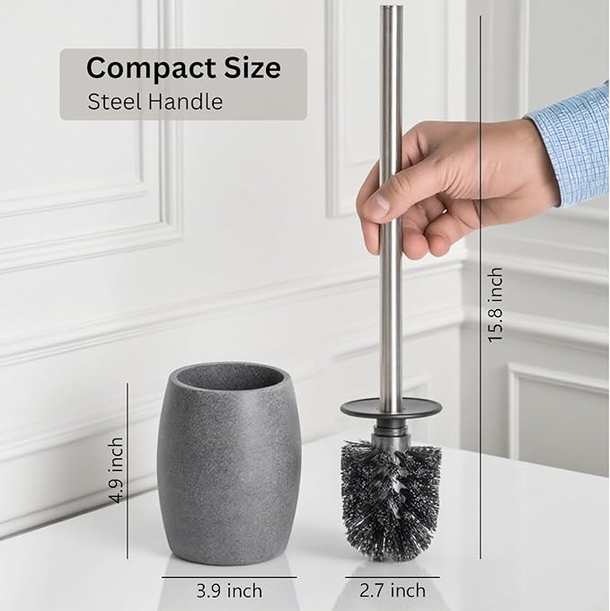 Toilet Bowl Brush and Holder with Stainless Steel Long Handle, Toilet Scrubber Brush with Durable Base, 360° Deep Cleaning Bristles for Bathroom, Compact Set for Small Space (Gray)