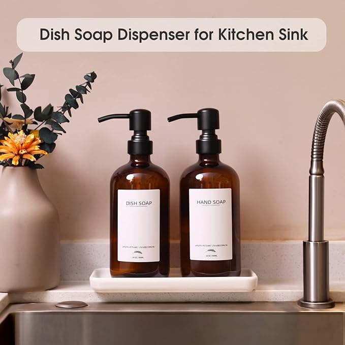 Shampoo and Conditioner Dispenser, 16.9oz Refillable Shampoo and Conditioner Bottles with Matte Pump and Funnel, Modern Shower Dispenser with Waterproof Labels for Hotel Home Bathroom