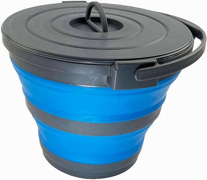 SAMMART 10L (2.64Gallon) Collapsible Fishing Bucket with Locking Lid - Portable Plastic Water Pail - Space Saving Outdoor Waterpot - Trunk Organizer for All Types of Vehicles (Grey/Blue)