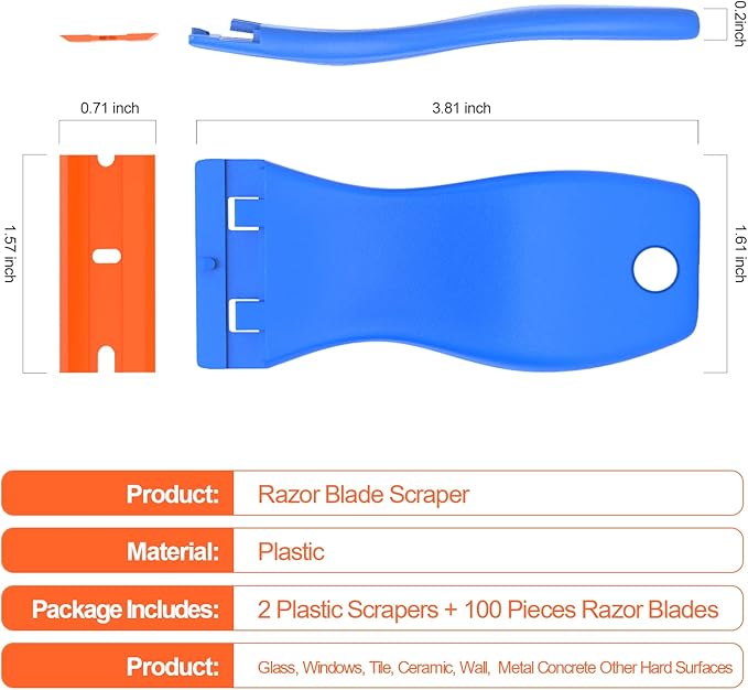 Plastic Razor Blades Scraper Tool - 2 Pack Wall Paint Remover with 100 Pcs Plastic Blades Kit No Scratch Car Window Glass Wood Sticker Removal Floor Stove Kitchen Vinyl Adhesive Decal Tape Cleanings